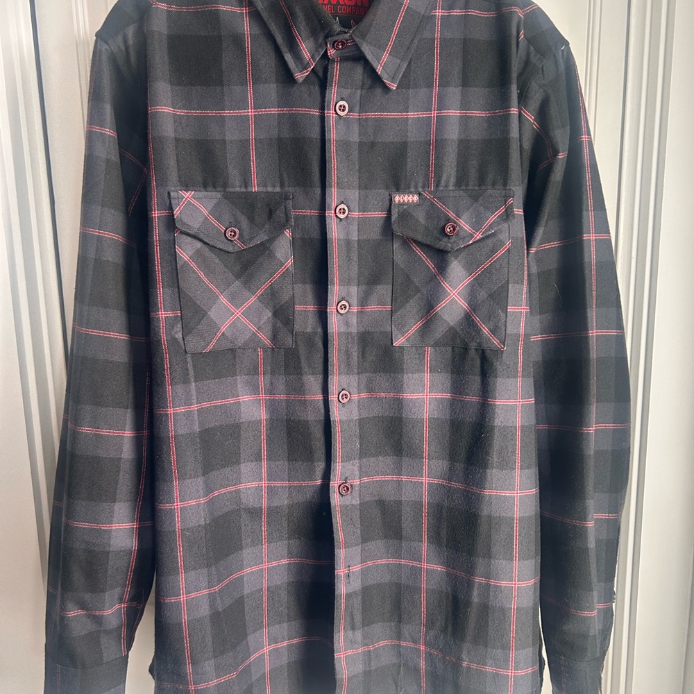 Dixxon Klock Werks Men's Large  Black Plaid Button-Up Shirt with Red Windowpane